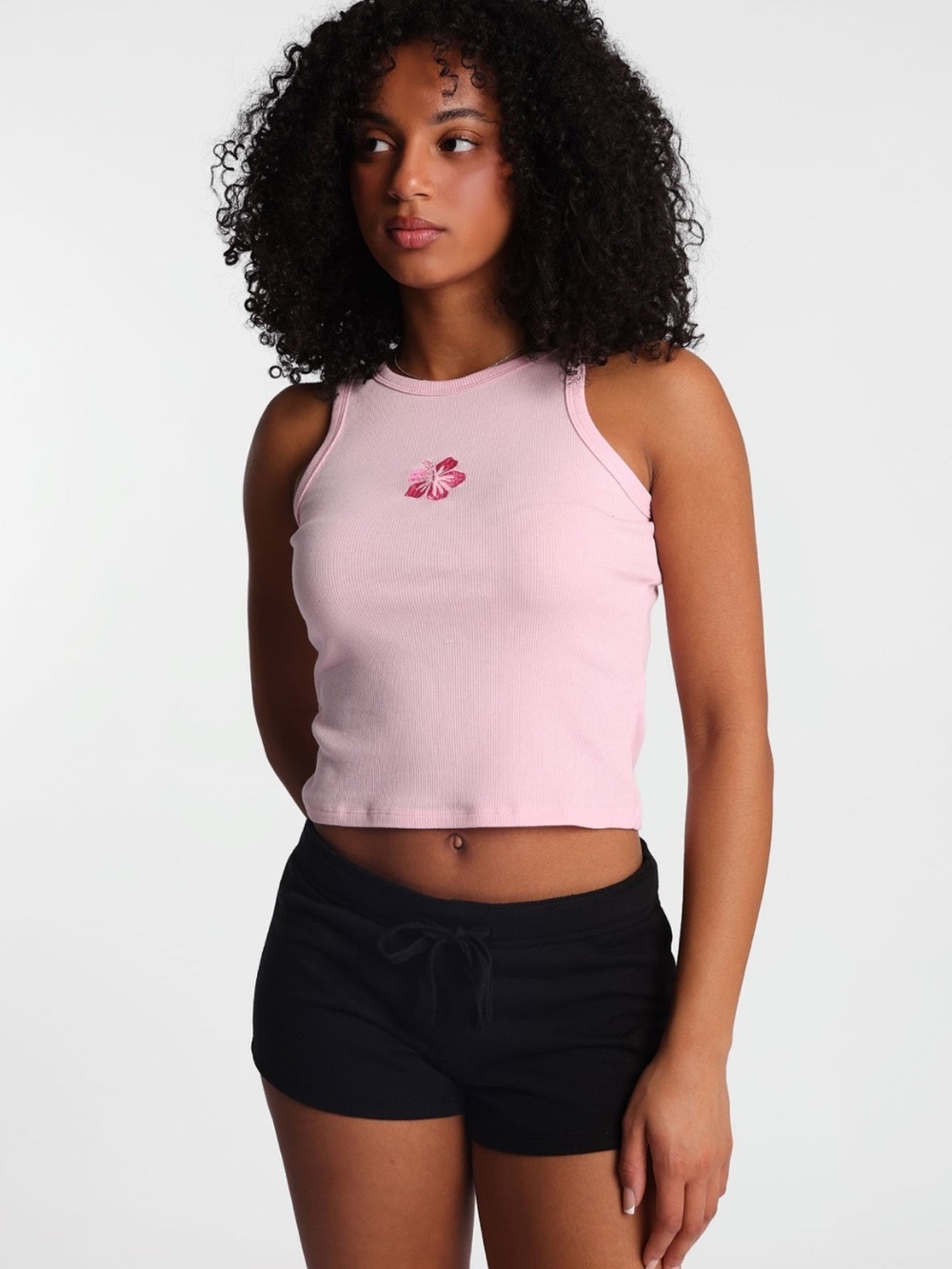 Hibiscus bubblegum Pink Ribbed Tank Top with Floral Embroidery